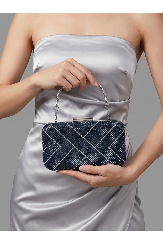 Navy Blue and Silver Stone Metal Handle Women's Evening Dress Bag Wedding Engagement Graduation