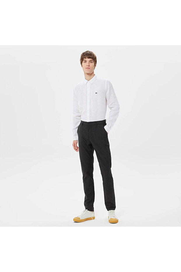 Erkek Regular Fit Düğmeli Yaka Keten Beyaz Gömlek - 6