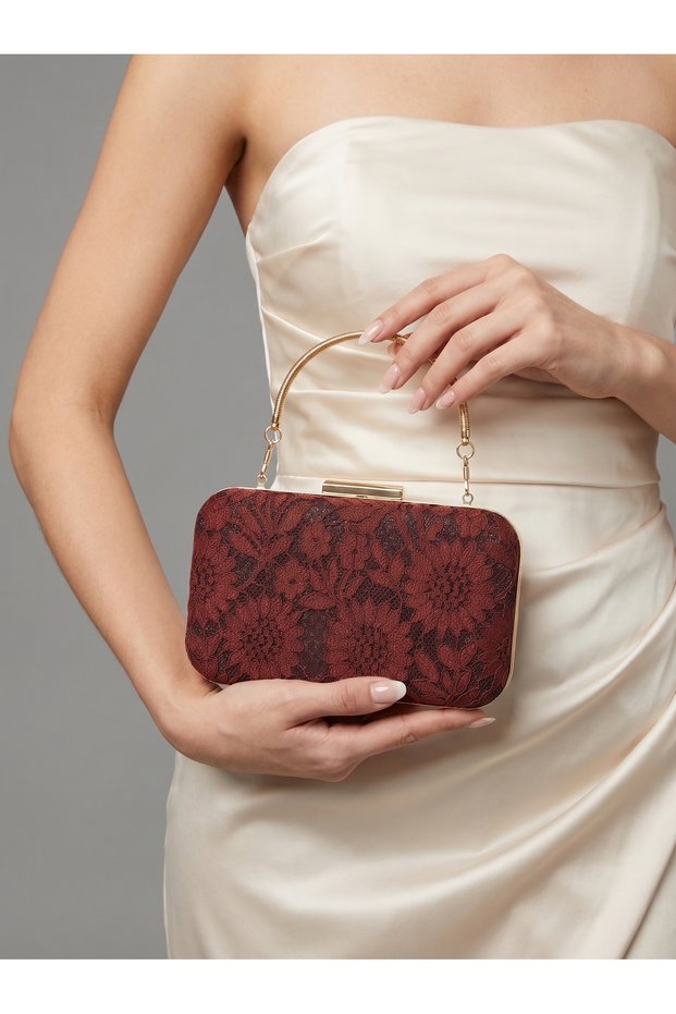 Burgundy Gold Detailed Lace Embroidered Chain Strap Women's Evening Dress Bag Wedding Engagement Graduation