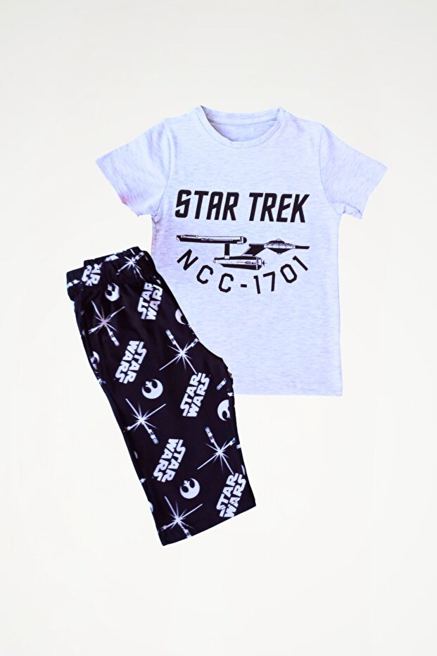 Patterned Short Sleeve Boy's Pajama Set with Capri Pants
