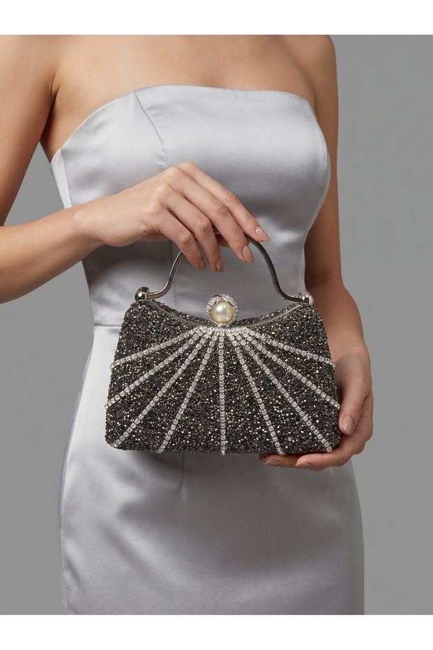 Platinum Color Stone Silver Detailed Chain Strap Women's Evening Dress Graduation Henna Engagement Prom Bag