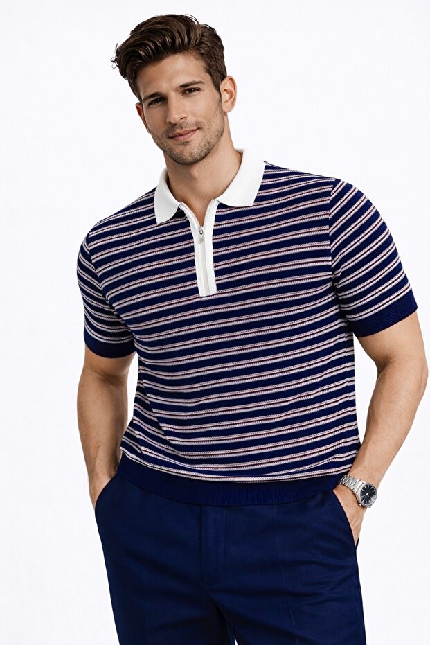 Men's T-Shirt Polo Collar Knitwear Sweater with Half Zipper