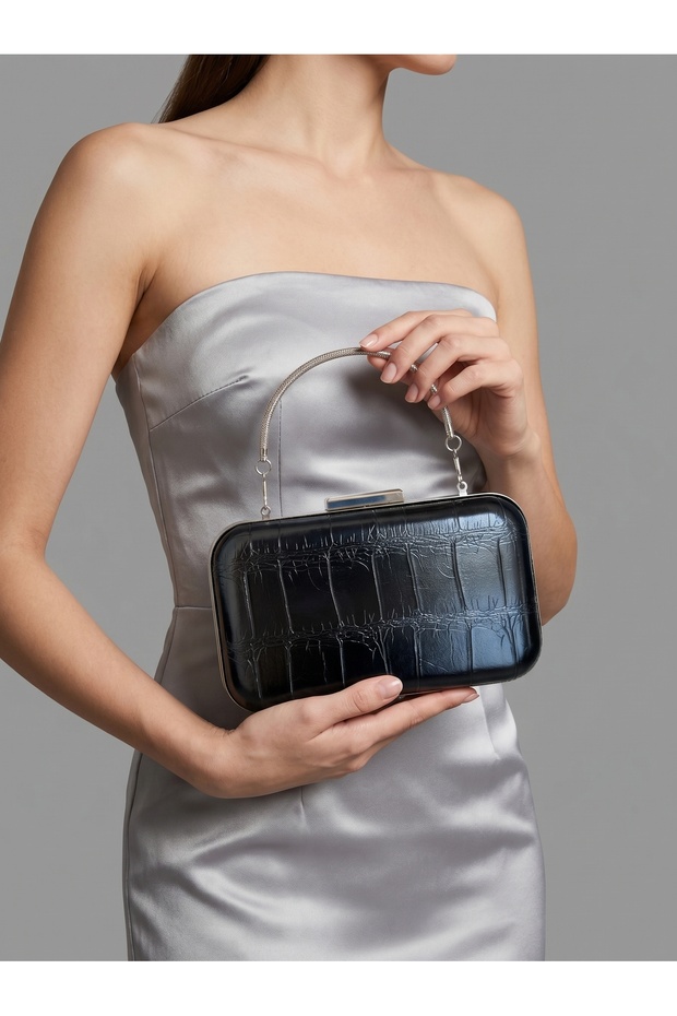 Black Color Silver Detailed Thick Crocodile Patterned Women's Evening Dress Bag Wedding Engagement Graduation