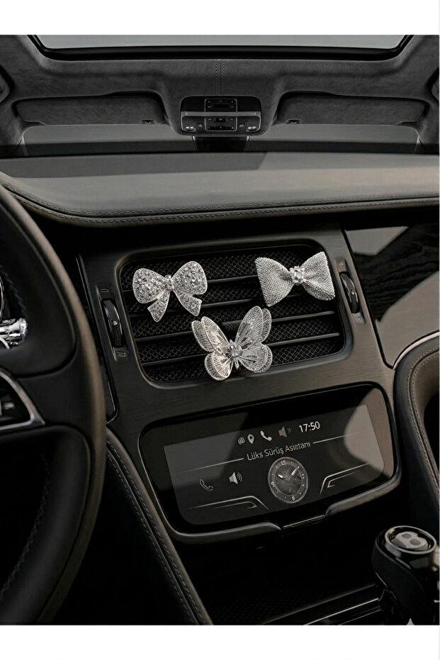Silver Flower Bow and Butterfly Stone Air Conditioner Grille Ornament – 3-Piece Car Interior Decorative Accessory