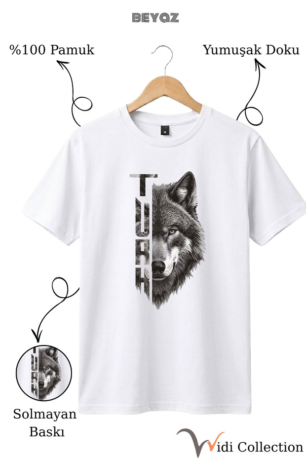 Half Wolf Half Turkish Text Design Printed 100% Cotton T-Shirt