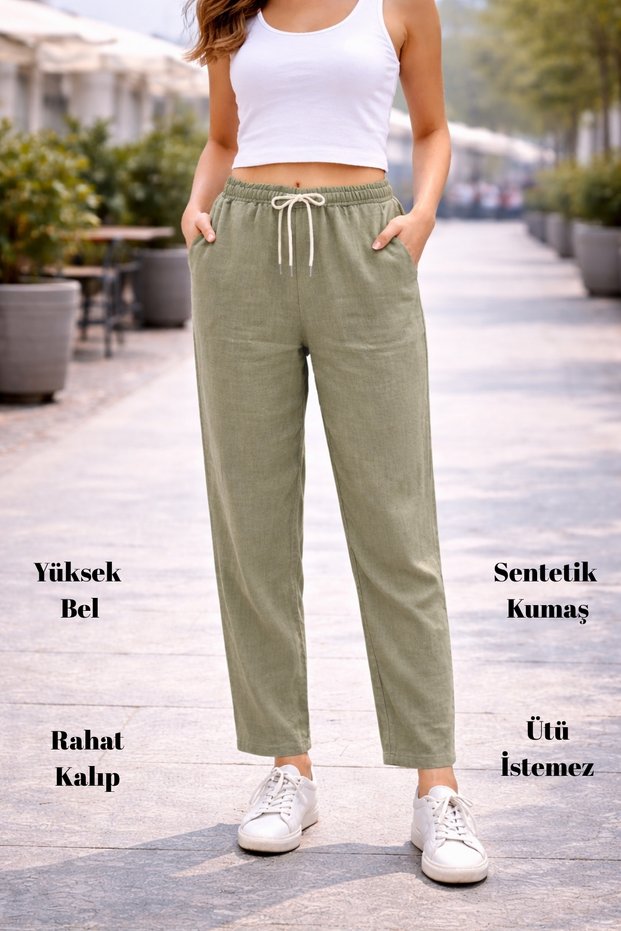 Women's Summer Synthetic Linen High Waist Elastic Skinny Leg Mom Pants C611