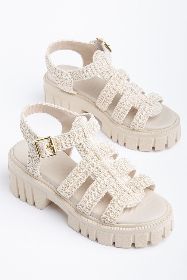 Women's Beige Knitwear Knitted High-Sole Sandals with Buckle Detail