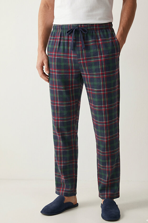 Checkered Cotton Men's Pajama Bottoms Soft Stretchy Comfortable Fit with Pockets Drawstring Green Plaid Relax Fit