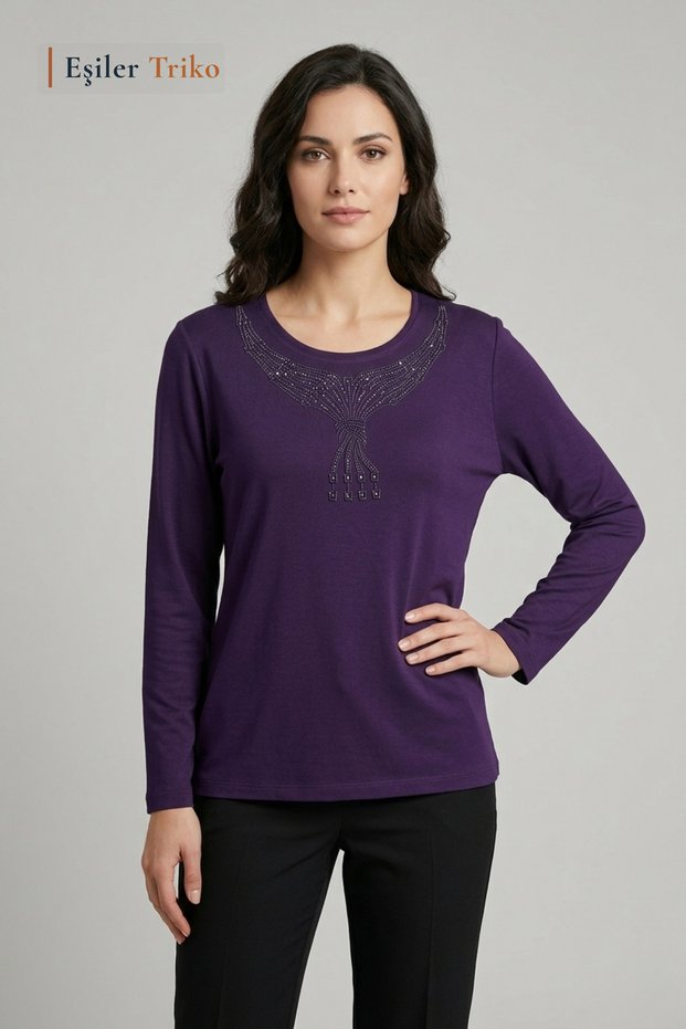 Women's Plum Gunebakan Crown Pattern Collar Embroidered, Stoned Mother Combed Cotton Blouse