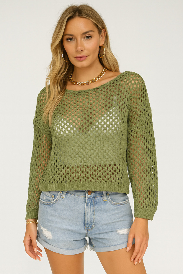 Women's 100% Cotton Openwork Sweater Pistachio Green