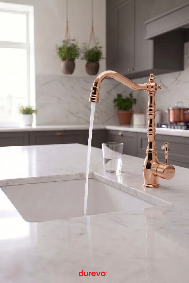 Rustic Vitange Kitchen Sink Faucet - Zen Design Brass - 360 ° Movable Headboard-Slim Elegant Handle -Rose Gold Color