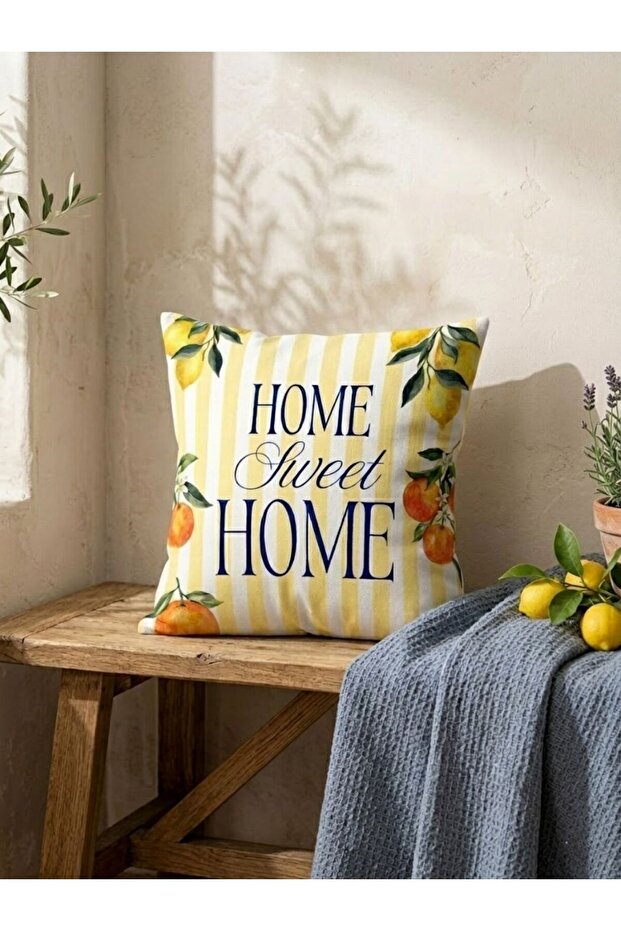 Home Sweet Home Lemon Patterned Double-Sided Digital Printed Velvet Cushion Cover - 43X43 cm