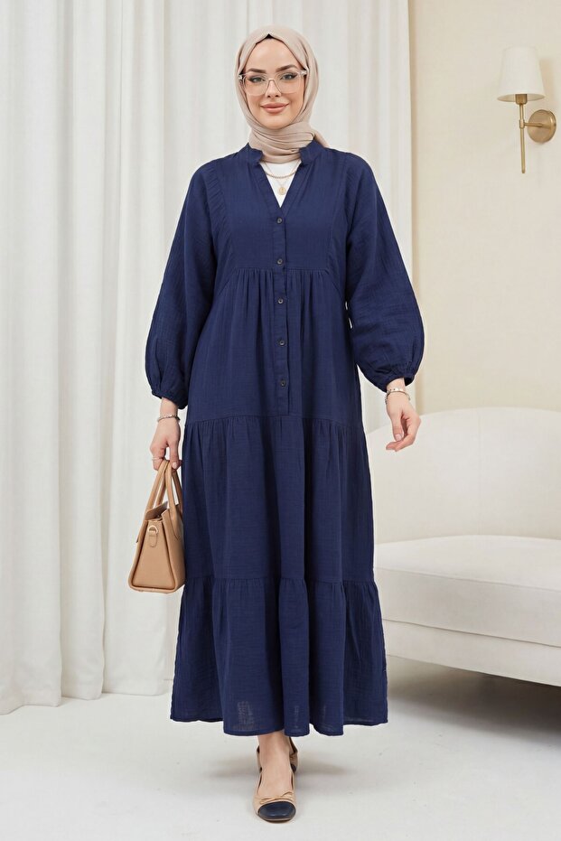 V-Neck, Half-Buttoned, Elastic-Sleeved, Segmented Muslin Dress - Dark Blue