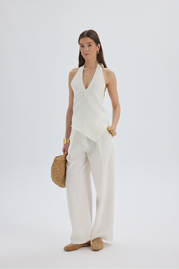 Alidah Pleated Ecru Wide Leg Trousers