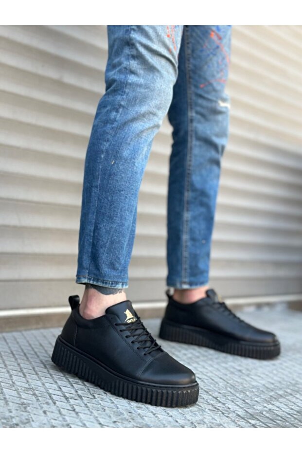 Ba8104 High Black Sole Black Leather Lace-Up Men's Shoes