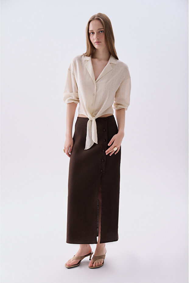 Women's Brown Button Detailed Midi Linen Skirt