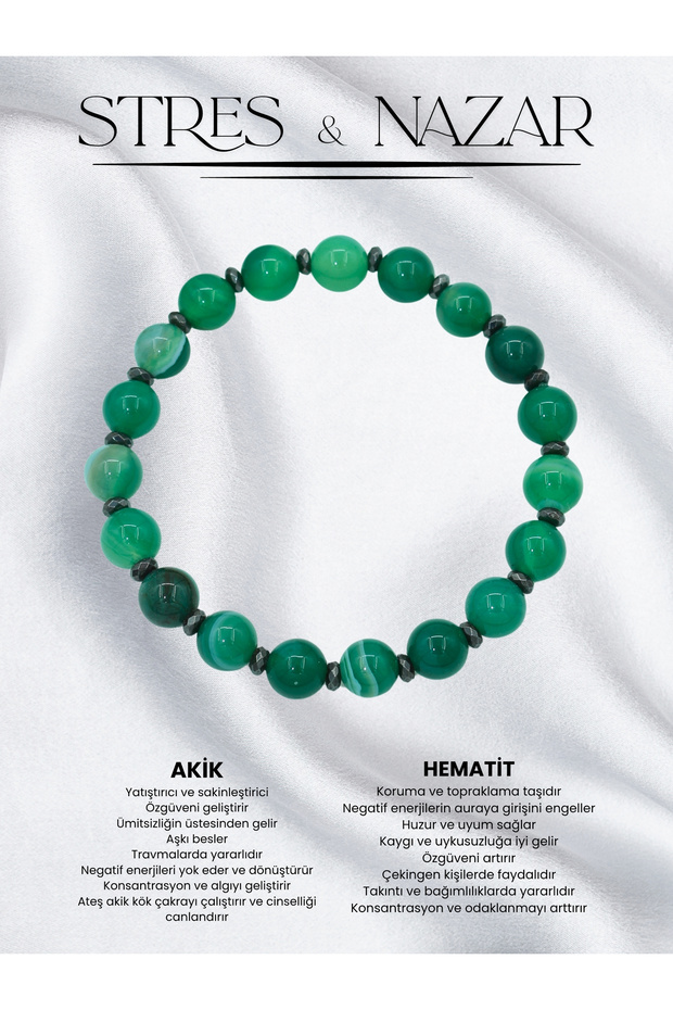 Certified Green Agate and Hematite Natural Stone Men's Bracelet