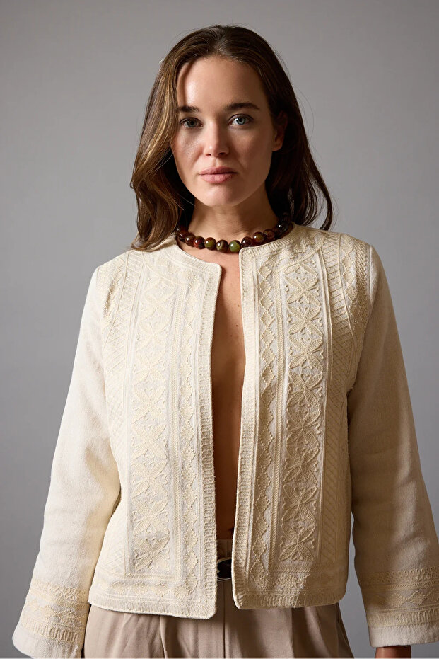 Women's Cream Pinterest Ethnic Embroidered Lined Linen Jacket Bohemian Jacket