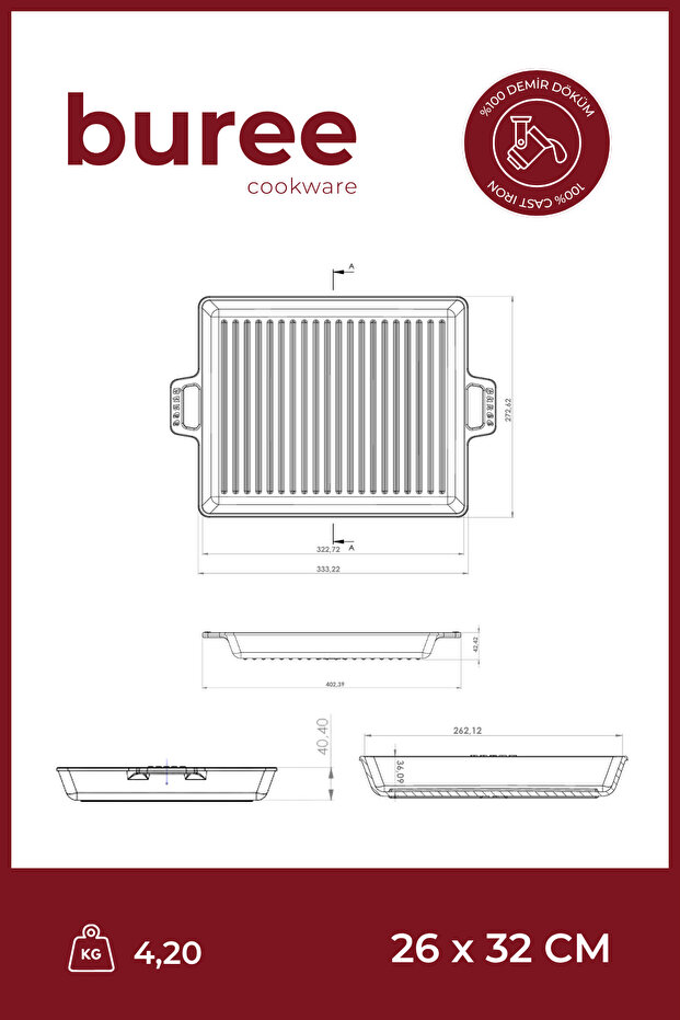 Buree Rectangular Titanium Coated Grill Casting Pan - 26 X 32 cm - 7