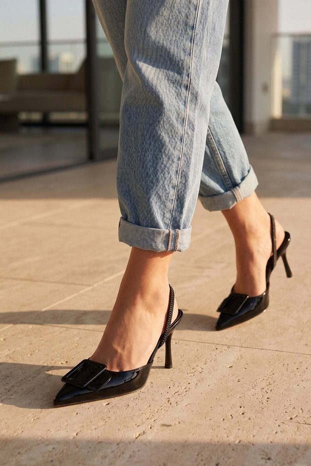Sahra Black Patent Leather Buckle Detail Women's Heeled Shoes with Elastic Back