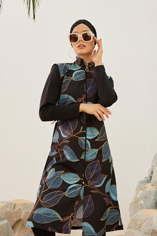 Hijab Swimsuit Black with Turquoise Leaves Fast Drying