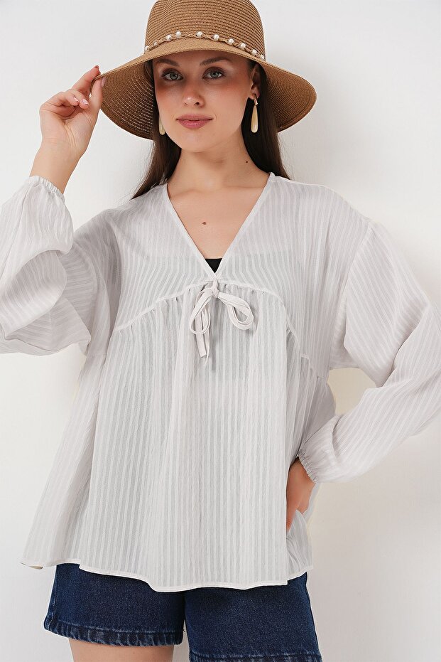 Bdart Bow Tie Textured V-Neck Blouse