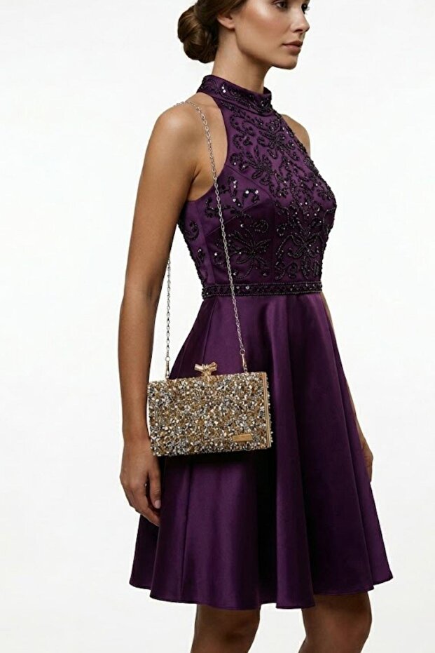 Women's Evening Dress Bag Stone-Embellished Gold