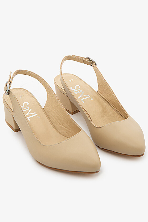 Beige Genuine Leather Women's Slingback Open-Back Heeled Shoes