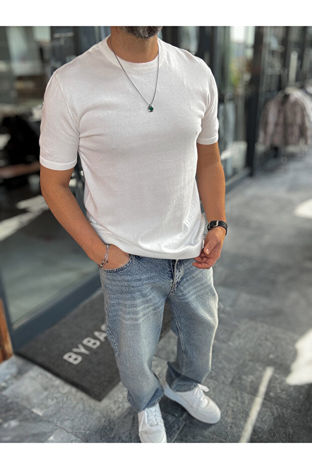 White Basic Knitwear T-Shirt G-16360 - 2