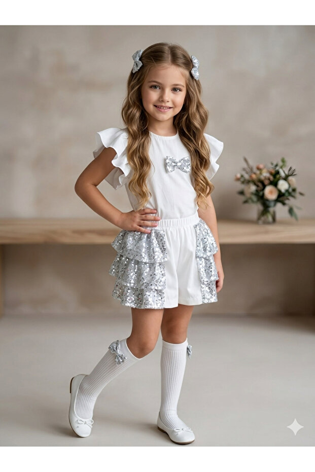 Girls' Ruffle Sequined Shorts Set - Set of 4 (Includes Buckle and Socks)