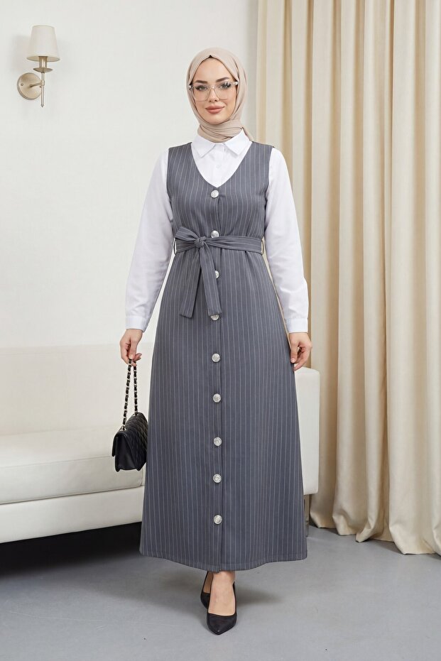 Striped Gilet with Buttoned Belt - Gray
