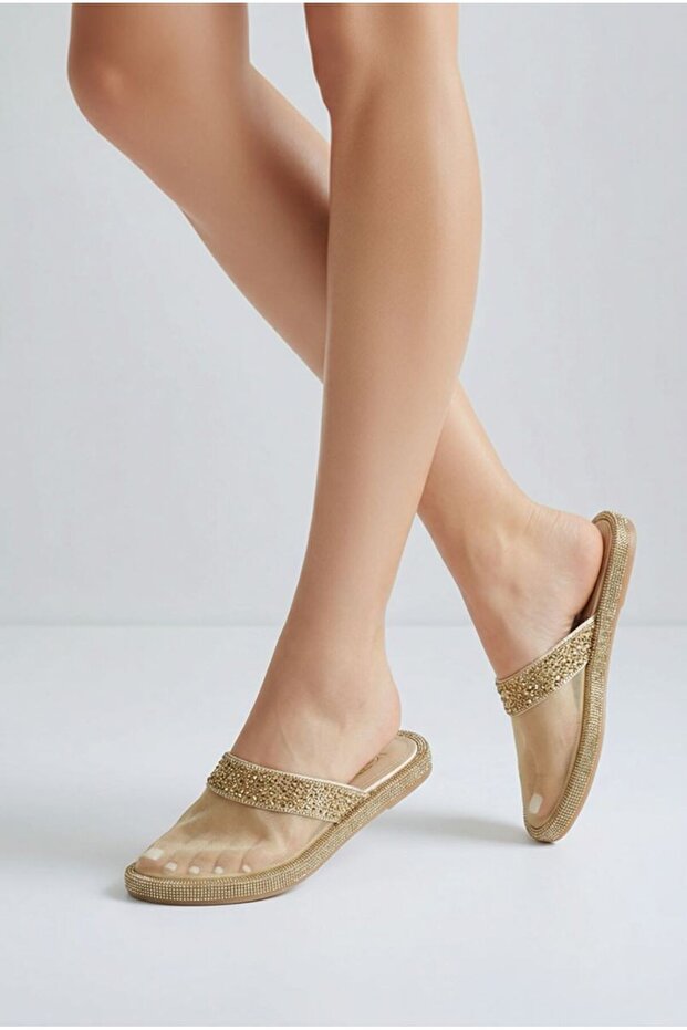 Vollex Closed Front Stoned Tulle Material Women's Stylish Flat Sole Slippers