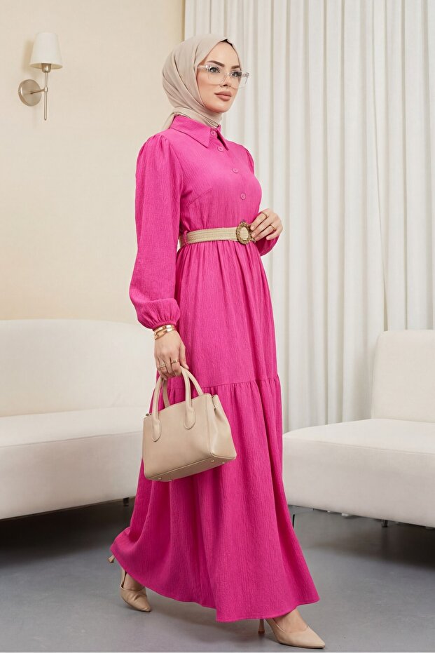 Partial Half Button Belted Crinkle Dress