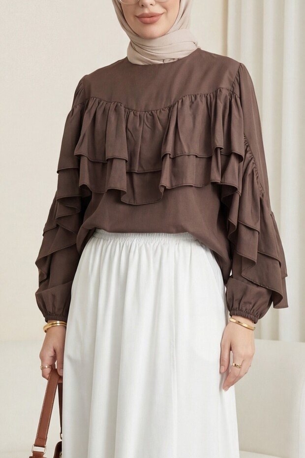 Flounce Sleeve Elastic Blouse -K. Coffee