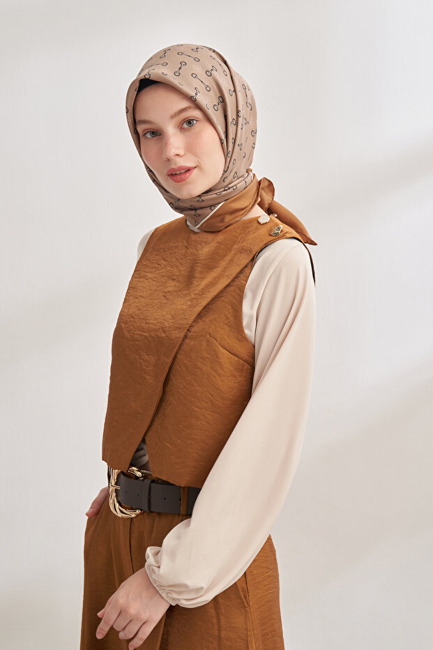 Eșarfă de mătase twill cu model lanț - Bej - 3