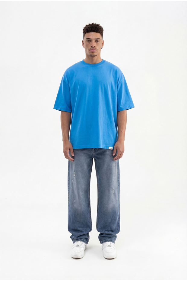 Erkek Basic Super Pamuklu Oversize Tişört Mavi - 4