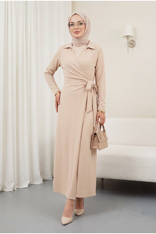 Double Layered Front and Side Tie Dress -Beige