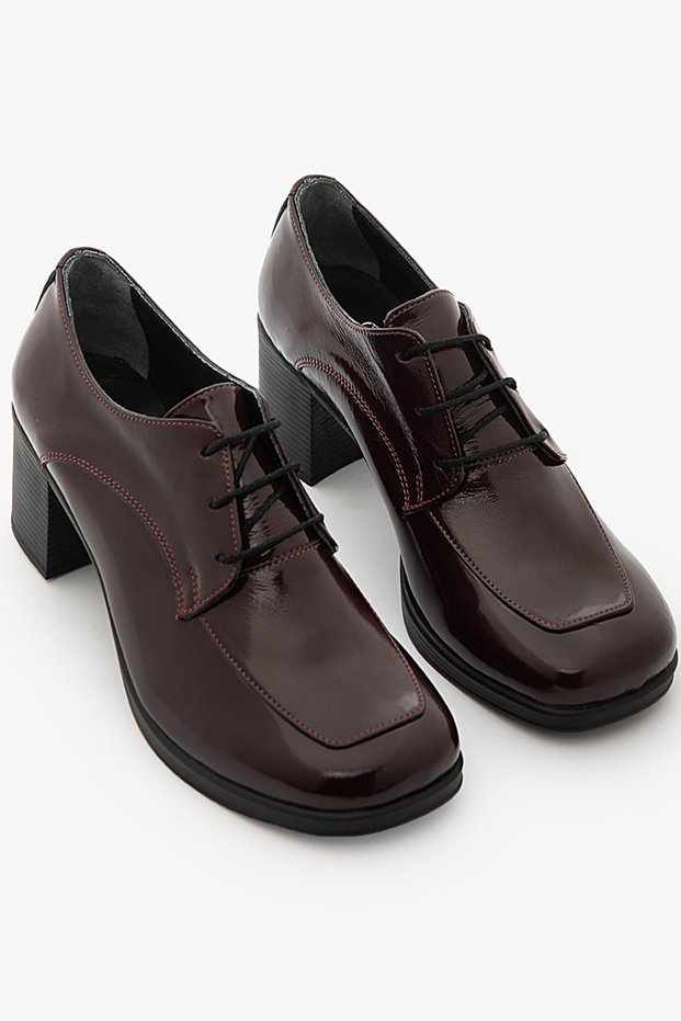 Burgundy Patent Leather Genuine Leather Lace-Up Square Toe Thick Heeled Women's Loafer Shoes