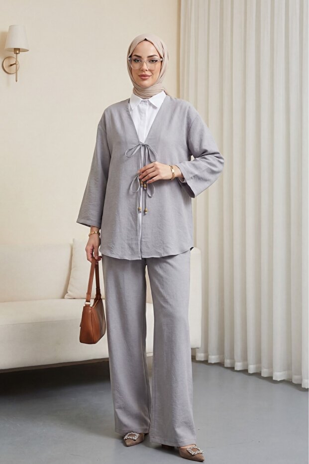 Kimono Suit with Double Tie Front Trousers - Gray
