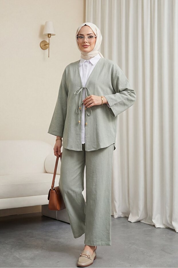 Double Tie Front Kimono Set with Pants -Mint