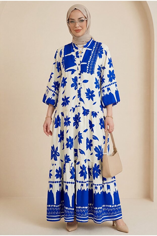 Elastic Patterned Dress with Half Button Sleeves -Cobalt Blue