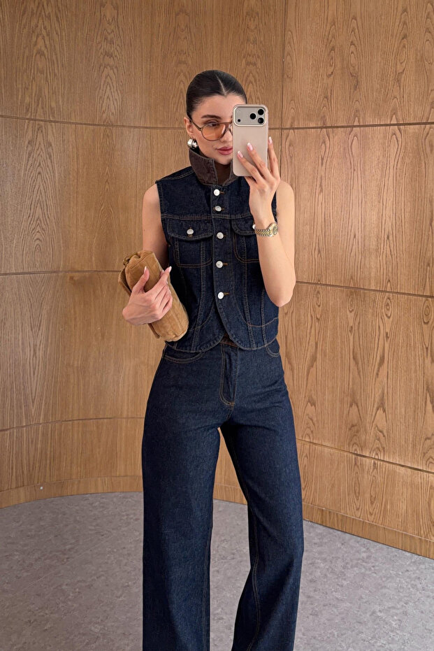 Navy Blue Denim Suit with Brown Collar Detail - 0981