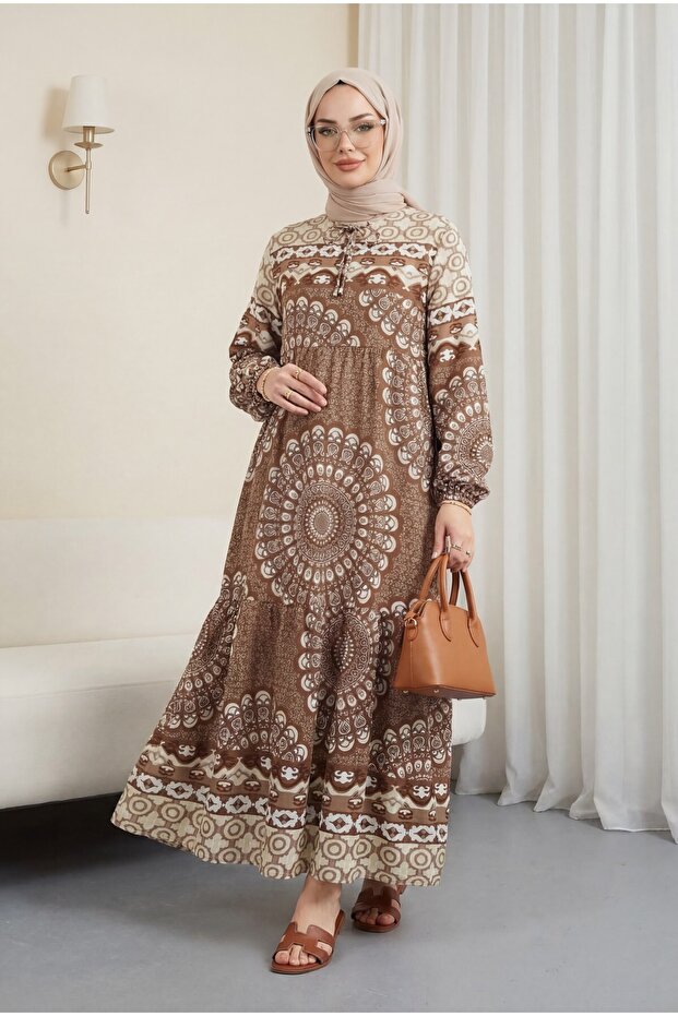 Patterned Lace-Up Dress with Elastic Sleeves - Brown