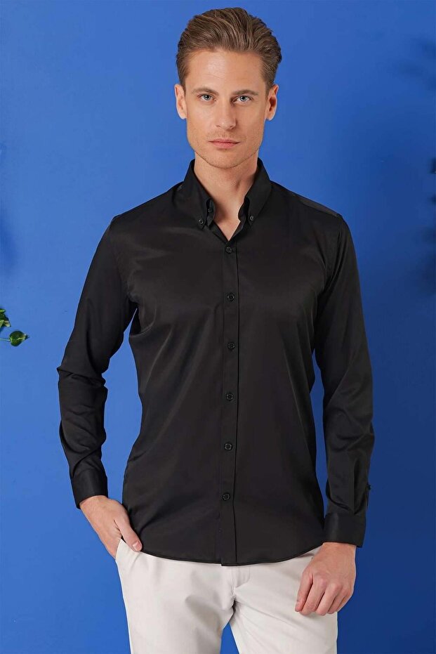 Men's Slim Fit Buttoned Collar Long Sleeve Cotton Classic Black Shirt Gk 716