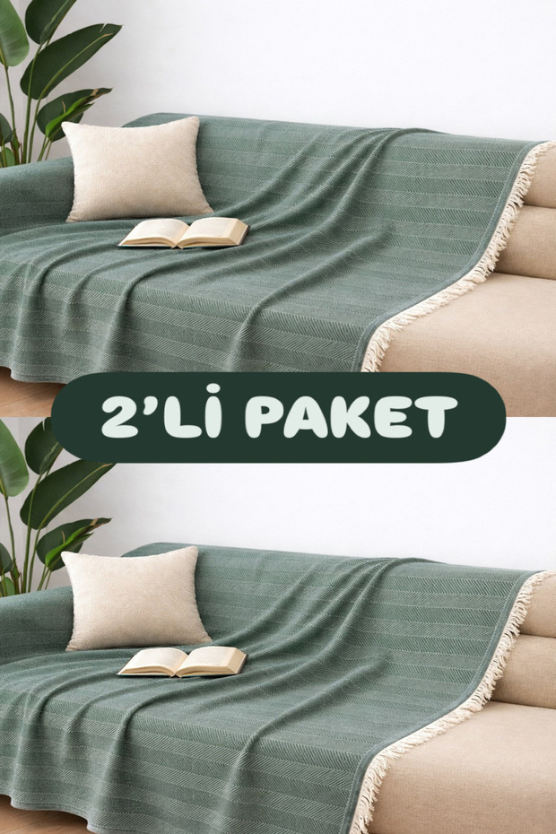 Green Cotton Decorative Sofa Cover Set 170X230 Size Optimal Anti-Slip Design (2 Pcs)