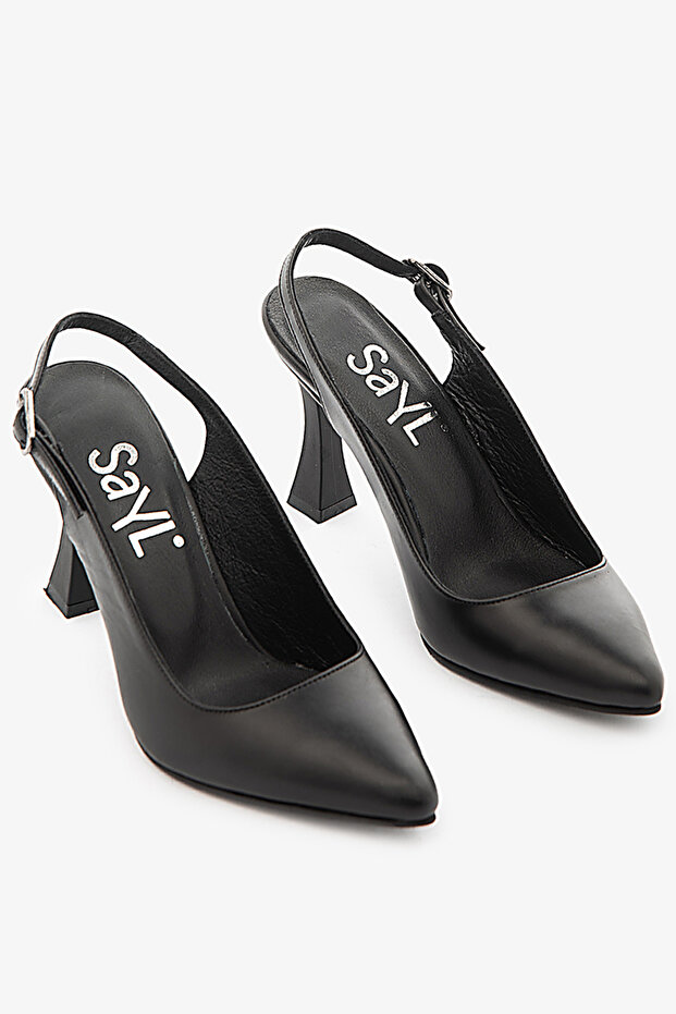 Black Stiletto Genuine Leather Open Back Pointed Toe Stiletto Women's Heeled Shoes