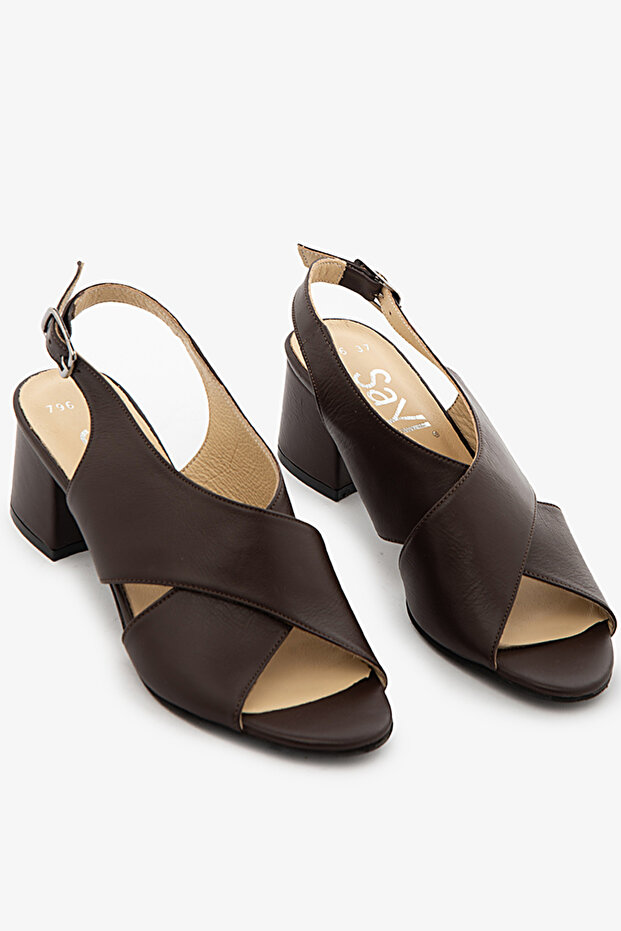 Brown Genuine Leather Cross-Strapped Thick Heeled Women's Shoes