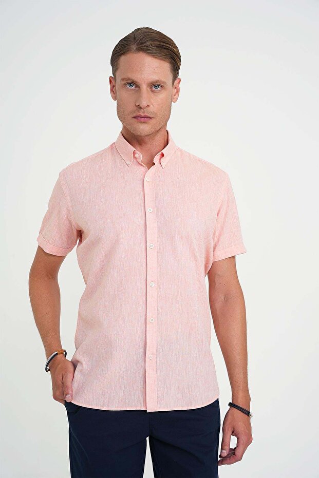Men's Comfort Fit Button Collar Short Sleeve 100% Linen Plain Salmon Shirt g 1596
