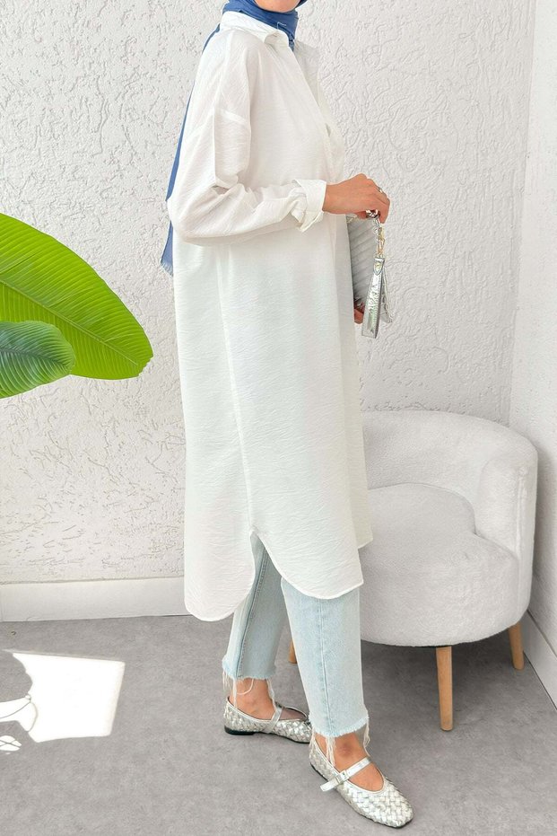 Buttoned Long Hijab Tunic 612139 - White
