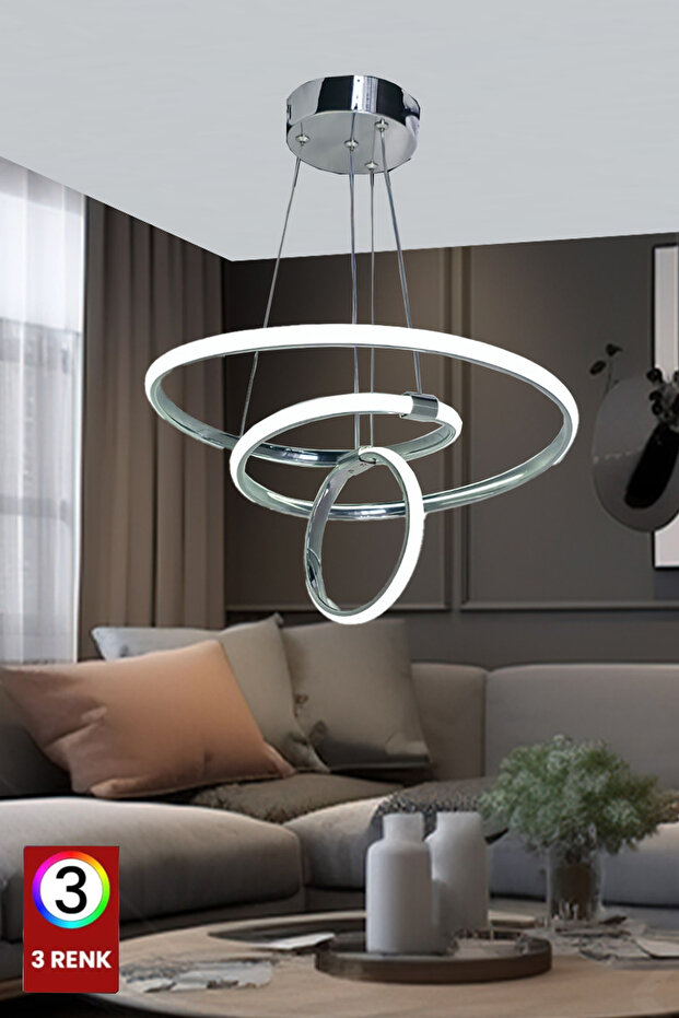 FUZON Mars 3 Renk Krom Salon Led Avize Ledli Avize Büyük Salon Avizesi Kumandasız